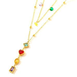 18k GOLD DIPPED DOUBLESTRAND WITH ELONGATED LINE OF COLORFUL CZ PENDANT NECKLACE